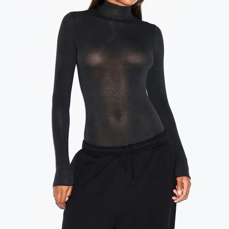 Skims Sheer Modal Long Sleeve Turtleneck Bodysuit | Onyx | Size M